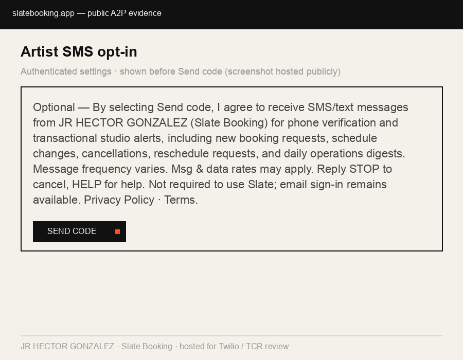 Artist SMS consent disclosure shown before Send code for JR HECTOR GONZALEZ (Slate Booking)