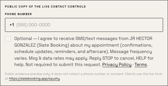 Client contact step with phone number field and unchecked SMS consent checkbox